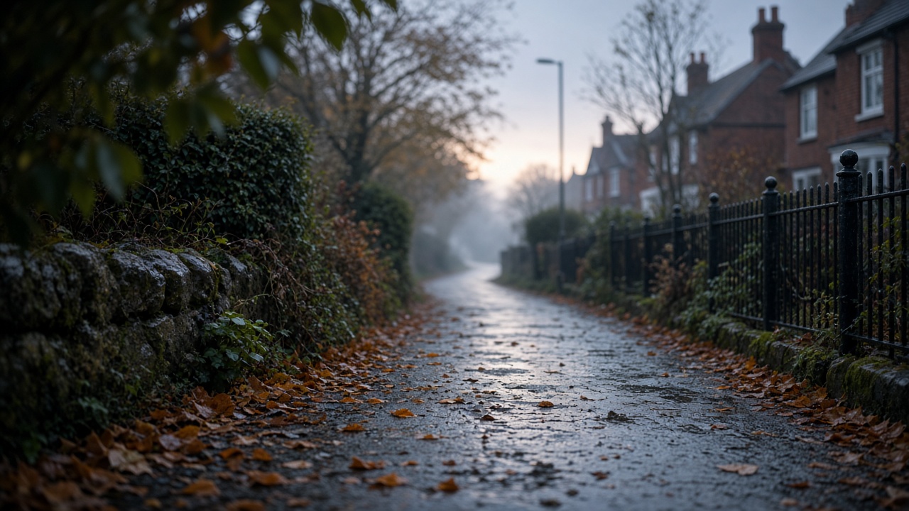 Quiet autumn residential street at dawn with fallen leaves