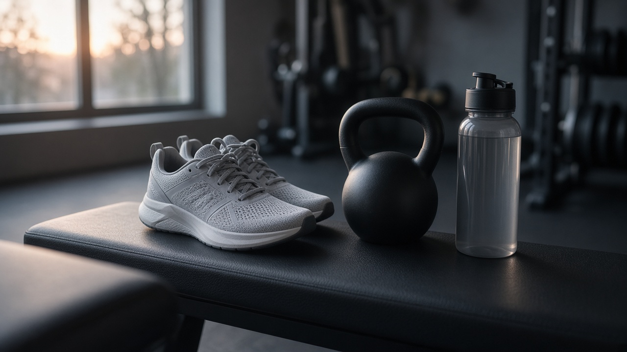 Trainers, kettlebell and water bottle on a bench at dawn