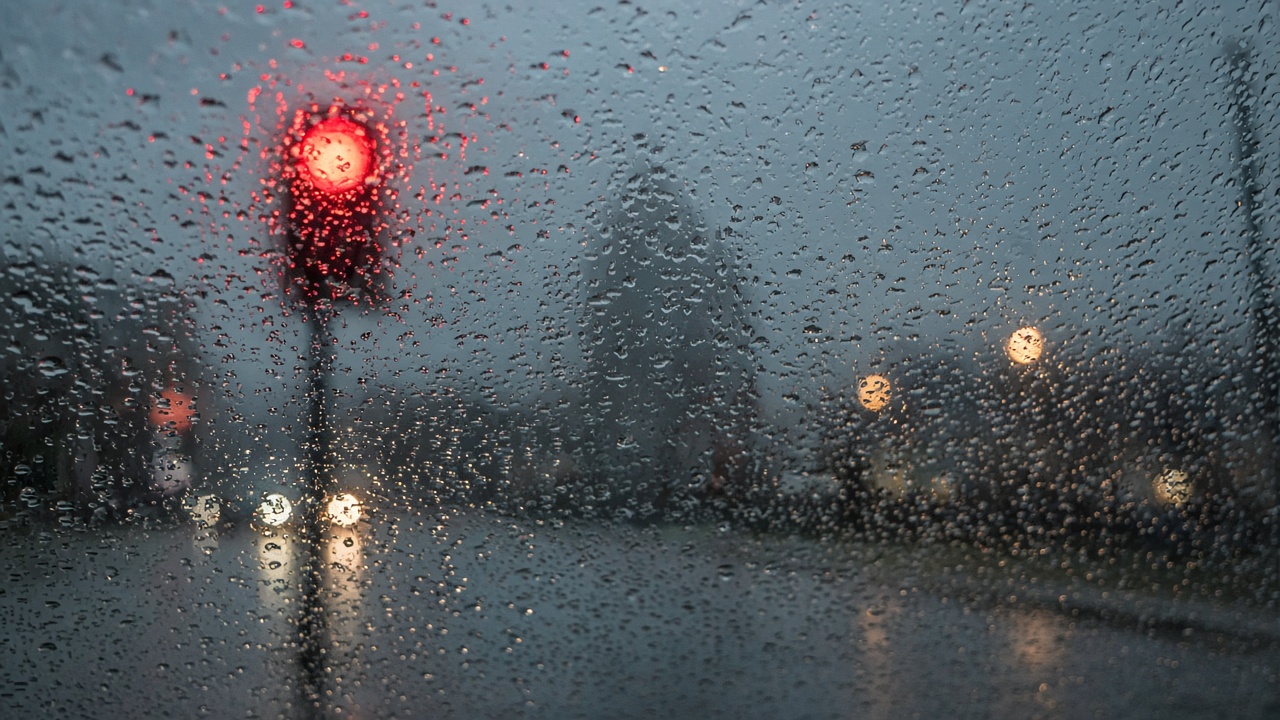 Red traffic light blurred through a rainy windscreen at dusk