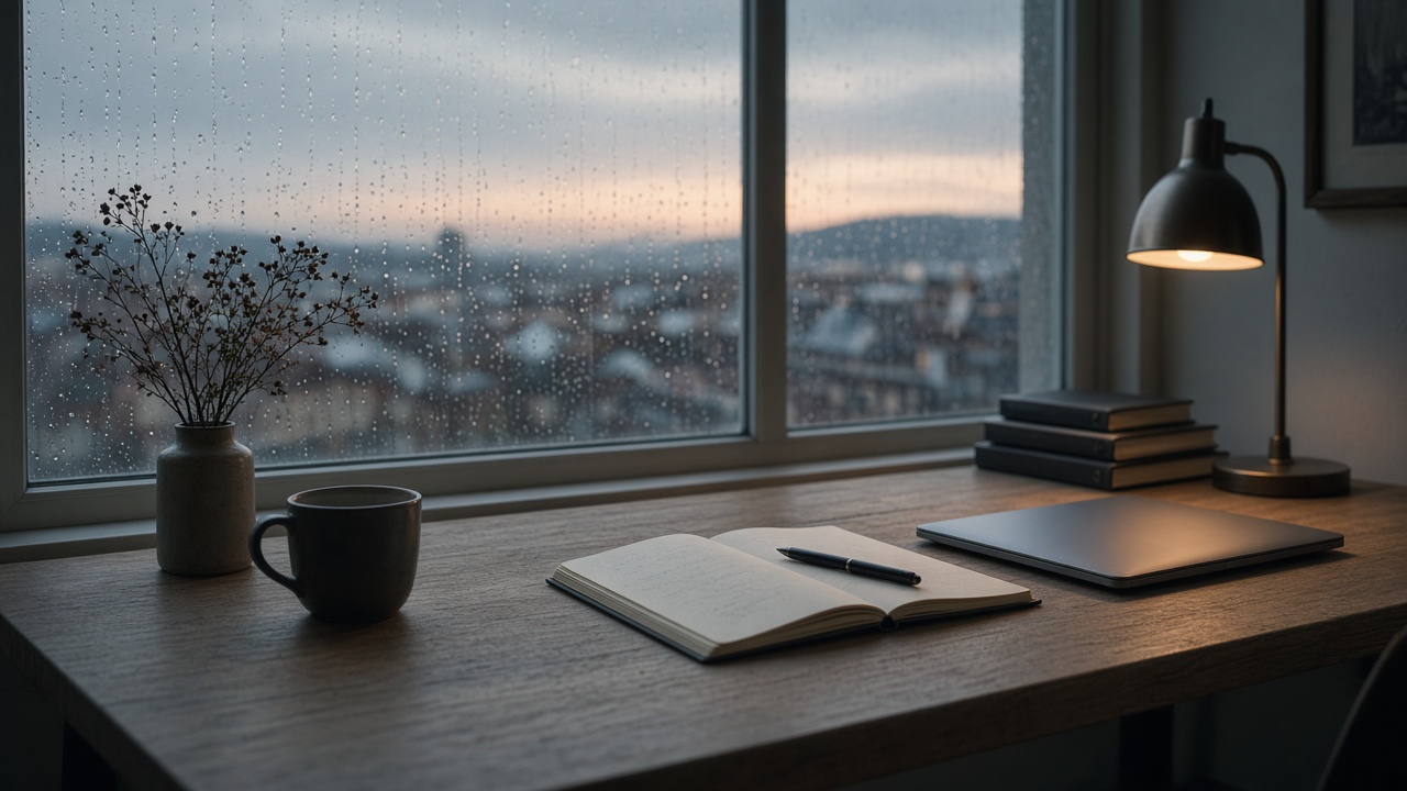 Quiet desk by a rainy window at dusk with a lamp on