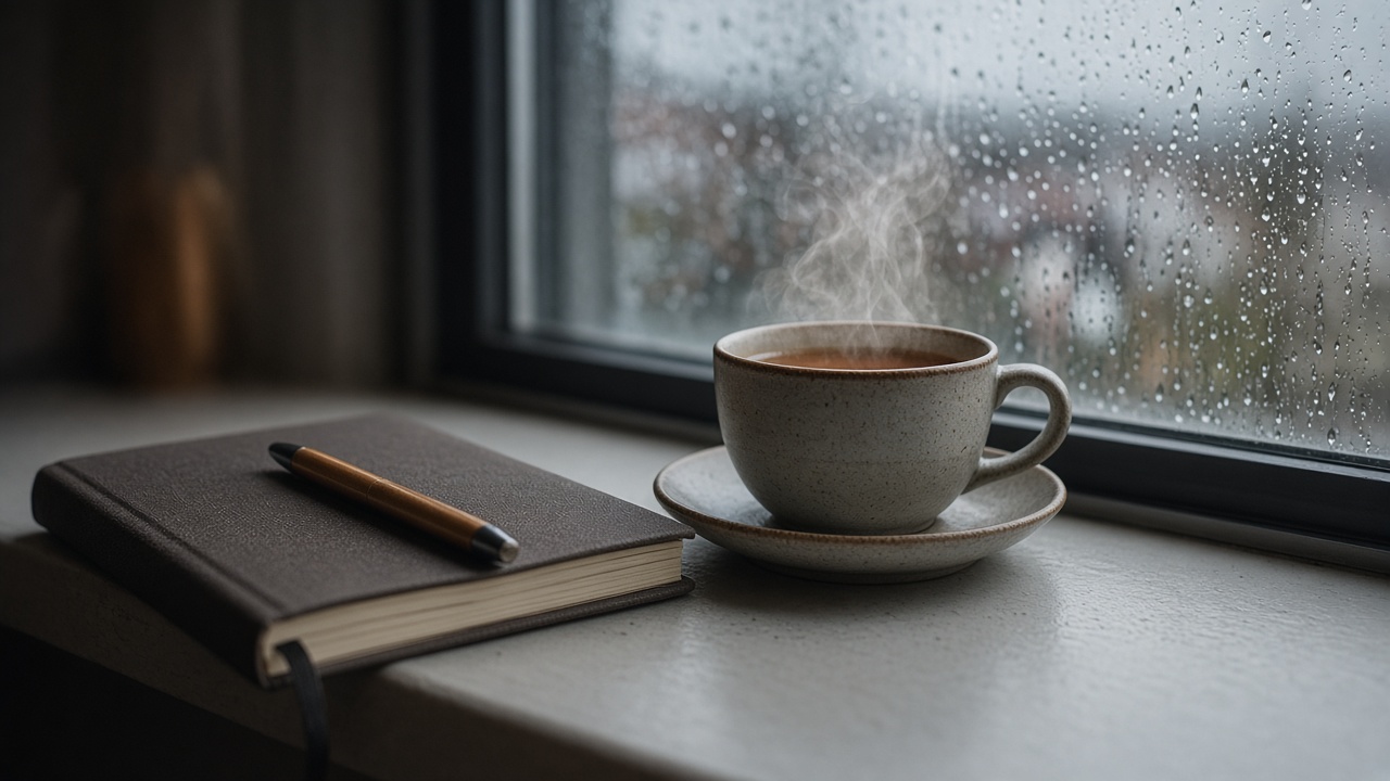 Cup of tea and a notebook on a windowsill by a rainy window