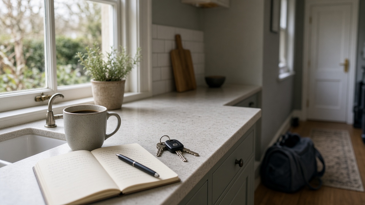 Morning kitchen counter with coffee, keys, notebook and gym bag