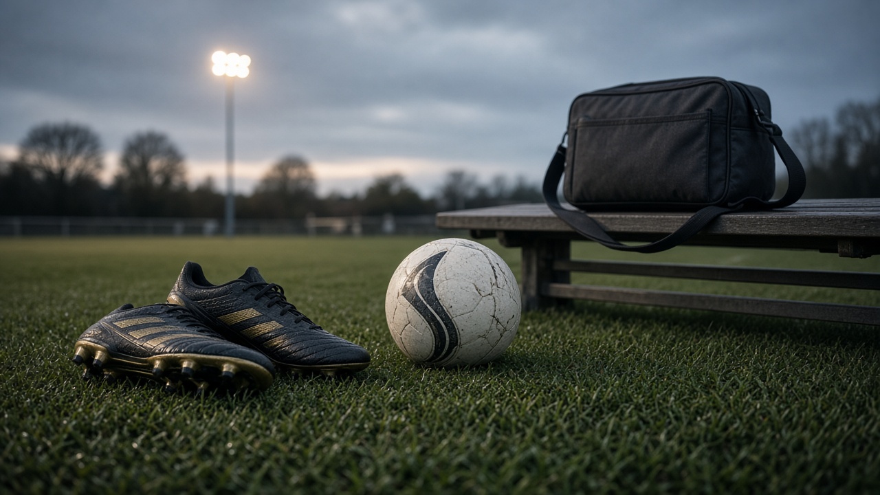 Football boots on an evening pitch next to a work bag